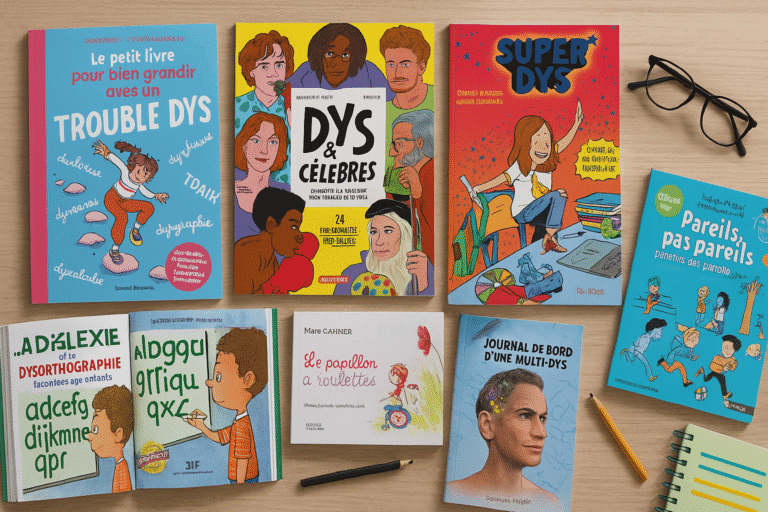 Photo montrant sept livres sur le thème des troubles DYS posés sur une table en bois : « Le petit livre pour bien grandir avec un trouble DYS », « Dys & célèbres », « Super Dys », « Pareils, pas pareils », « La dyslexie et la dysorthographie racontées aux enfants », « Le papillon à roulettes » et « Journal de bord d’une multi-Dys ». Lunettes, crayon et carnet à côté, mise en scène chaleureuse pour tester et comparer les ouvrages.