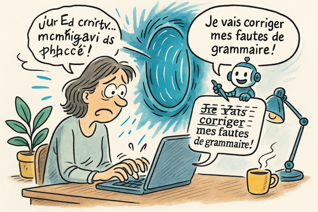 Caricature humoristique montrant une personne stressée tapant sur un ordinateur. Une bulle de texte pleine de fautes traverse un portail lumineux bleu et ressort corrigée par un petit robot souriant. Illustration symbolisant ChatGPT comme béquille orthographique pour les personnes DYS.