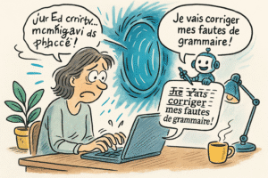 Caricature humoristique montrant une personne stressée tapant sur un ordinateur. Une bulle de texte pleine de fautes traverse un portail lumineux bleu et ressort corrigée par un petit robot souriant. Illustration symbolisant ChatGPT comme béquille orthographique pour les personnes DYS.