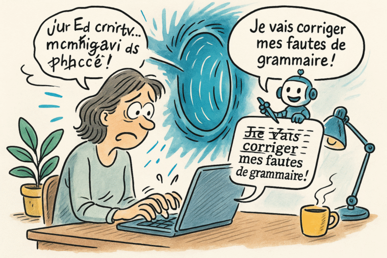 Caricature humoristique montrant une personne stressée tapant sur un ordinateur. Une bulle de texte pleine de fautes traverse un portail lumineux bleu et ressort corrigée par un petit robot souriant. Illustration symbolisant ChatGPT comme béquille orthographique pour les personnes DYS.
