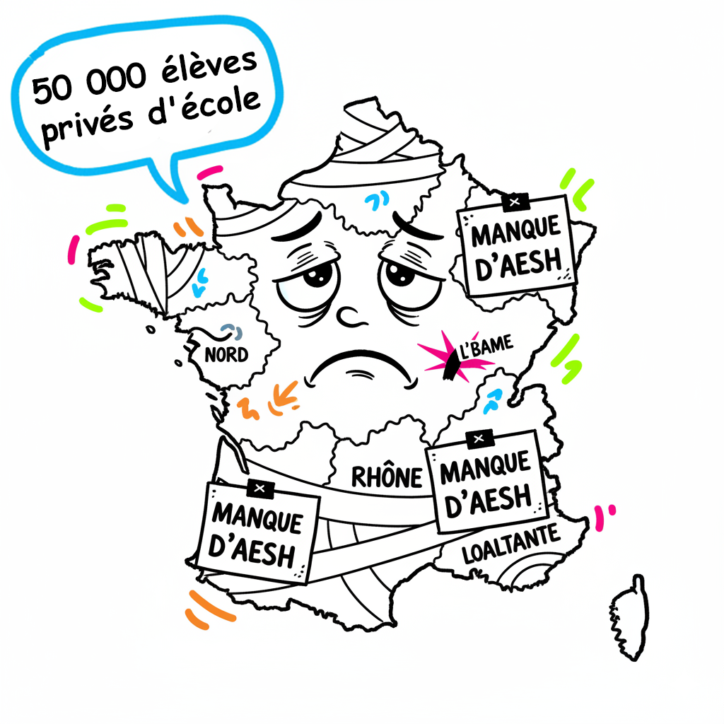 Carte de France stylisée montrant les départements avec taux d’enfants en attente d’AESH colorés du plus faible au plus élevé.