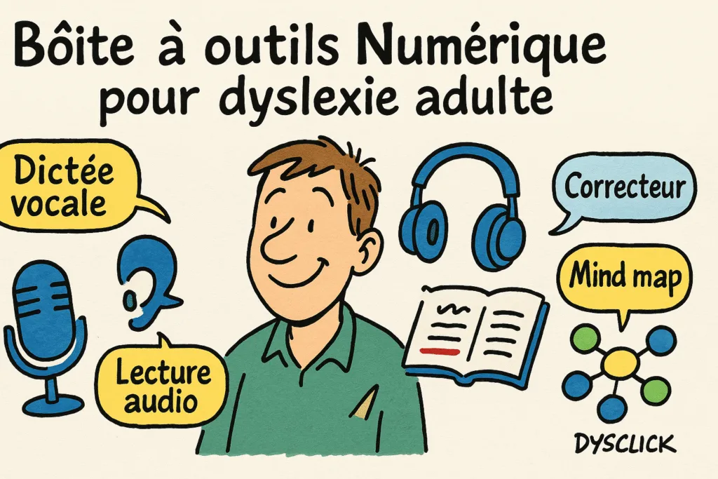 Dessin de presse horizontal représentant un adulte souriant entouré d’objets symboliques : micro pour la dictée vocale, casque audio pour la lecture audio, icône de correcteur, livre ouvert et mind-map. Bulles explicatives près de chaque objet et titre centré « Boîte à outils Numérique pour dyslexie adulte ». Lignes expressives, ton bienveillant, palette #1284CA, #1B8D78, #FFCD57.
