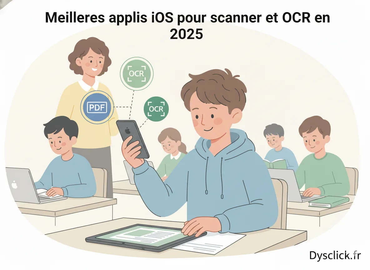 Un collégien DYS scanne une fiche papier avec un Iphone ou Ipad apple en classe, pendant que l’enseignante l’observe avec bienveillance.