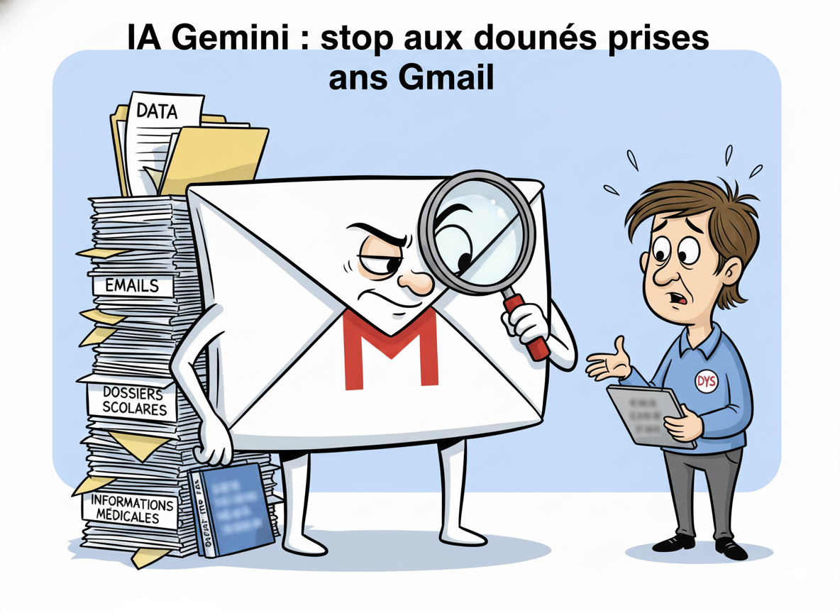 Caricature d’une enveloppe Gmail qui inspecte des dossiers médicaux DYS sous une loupe, devant un parent inquiet et son enfant.