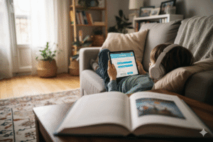 Enfant avec trouble DYS allongé sur un canapé, casque audio sur les oreilles, écoutant un livre audio sur tablette avec un livre papier ouvert à côté.