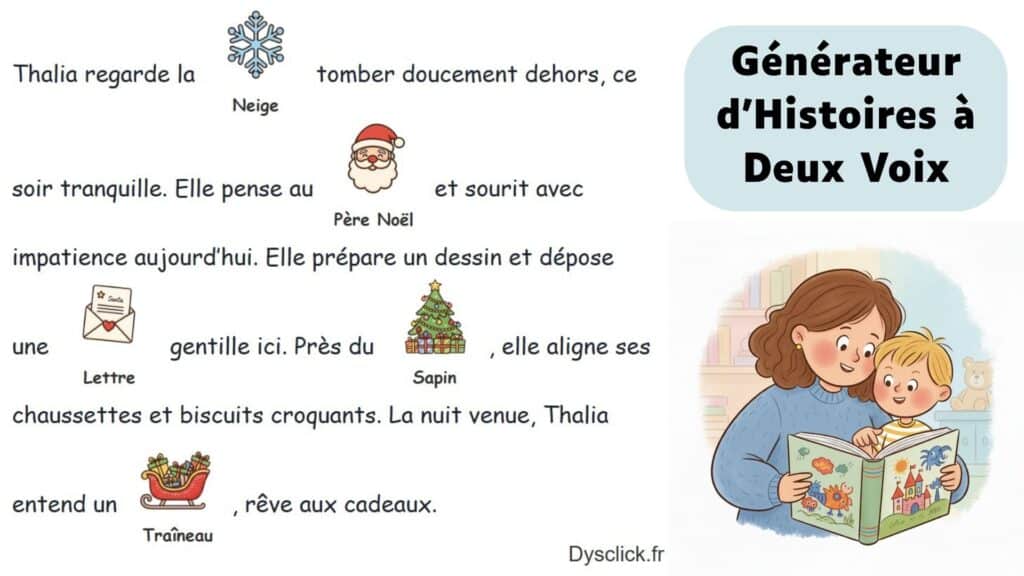 Enfant lisant une histoire illustrée avec pictogrammes CAA et deux voix audio Prompt image (horizontale, style illustratif doux) : famille ou enseignant et enfant lisant sur tablette, bulles de texte contenant emoji et pictos CAA, interface simple et colorée