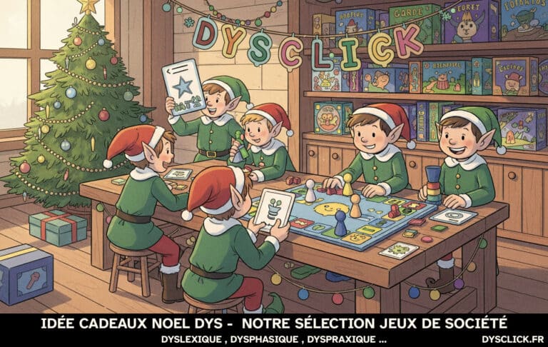 Illustration BD d’un atelier de lutins fabriquant des jeux de société accessibles, avec cartes à gros caractères, pictos et pions larges, décor de Noël.