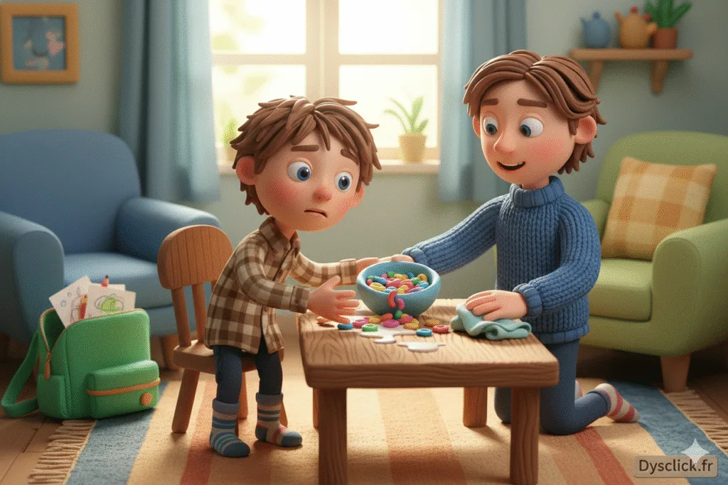 Enfant dyspraxique qui renverse son bol au petit déjeuner et peine à s’habiller, sous le regard bienveillant de son parent.
