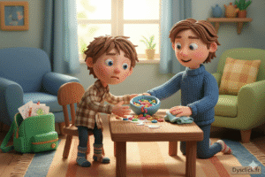 Enfant dyspraxique qui renverse son bol au petit déjeuner et peine à s’habiller, sous le regard bienveillant de son parent.