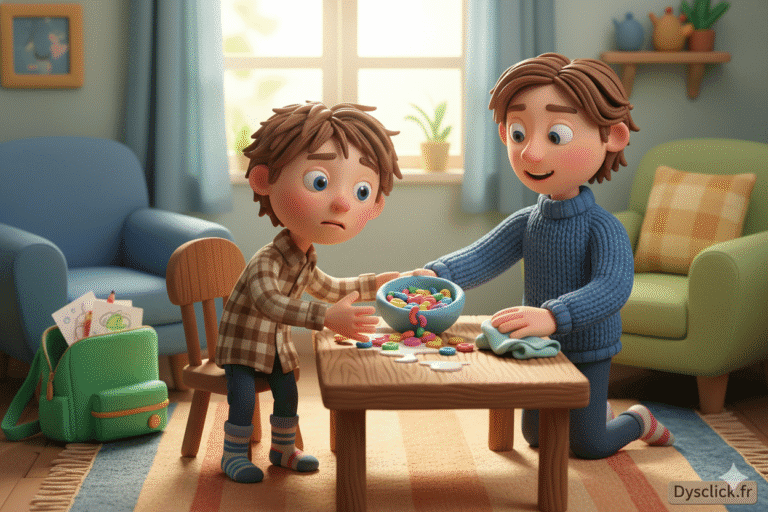 Enfant dyspraxique qui renverse son bol au petit déjeuner et peine à s’habiller, sous le regard bienveillant de son parent.