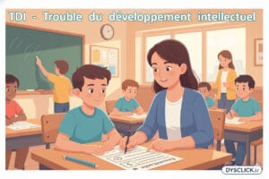 Enfant avec trouble du développement intellectuel en classe ordinaire, assis près d’une AESH, travaillant à son rythme pendant que les autres élèves écrivent.