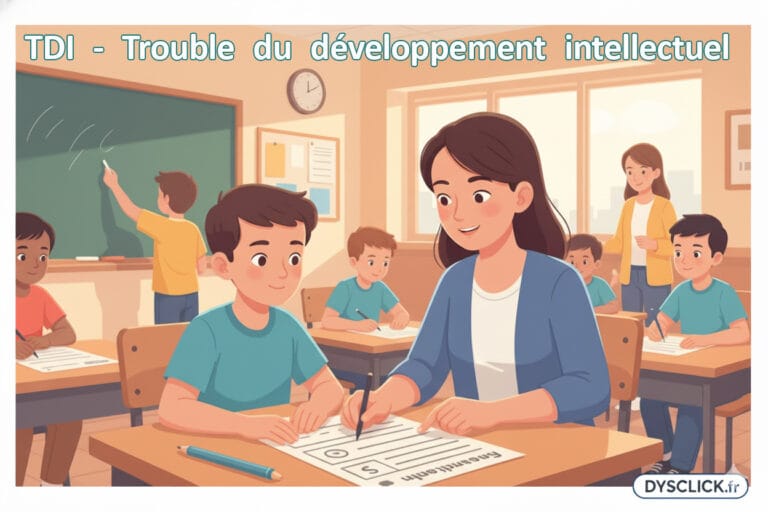 Enfant avec trouble du développement intellectuel en classe ordinaire, assis près d’une AESH, travaillant à son rythme pendant que les autres élèves écrivent.