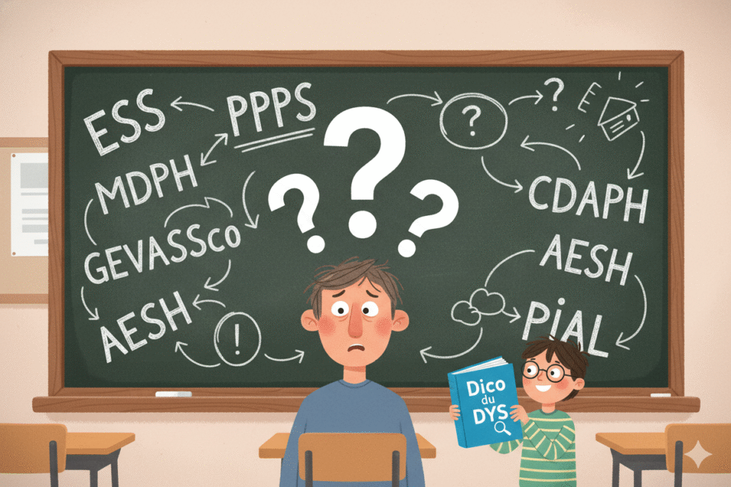 Parent devant un tableau noir rempli de sigles scolaires comme PAP, PPS, AESH et MDPH, avec un enfant DYS qui lui tend un livret intitulé Dico du DYS.