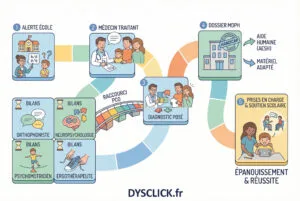 Schéma du parcours de santé d’un enfant DYS, des premiers signes d’alerte aux bilans, au diagnostic, à la MDPH et aux prises en charge.