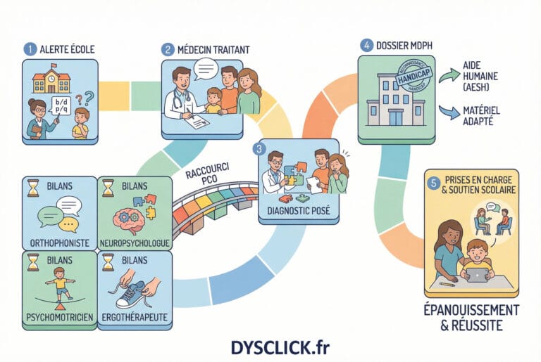 Schéma du parcours de santé d’un enfant DYS, des premiers signes d’alerte aux bilans, au diagnostic, à la MDPH et aux prises en charge.