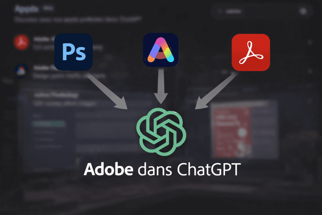 Illustration Adobe dans ChatGPT avec les logos Photoshop Express et Acrobat et des fleches vers le logo ChatGPT sur fond d interface ChatGPT floutee