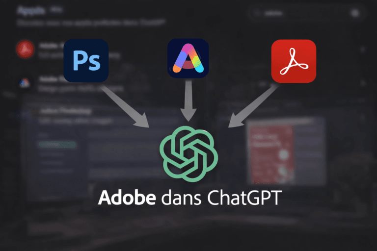 Illustration Adobe dans ChatGPT avec les logos Photoshop Express et Acrobat et des fleches vers le logo ChatGPT sur fond d interface ChatGPT floutee