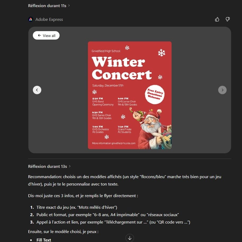 Adobe express dans chatgpt création de flyer 