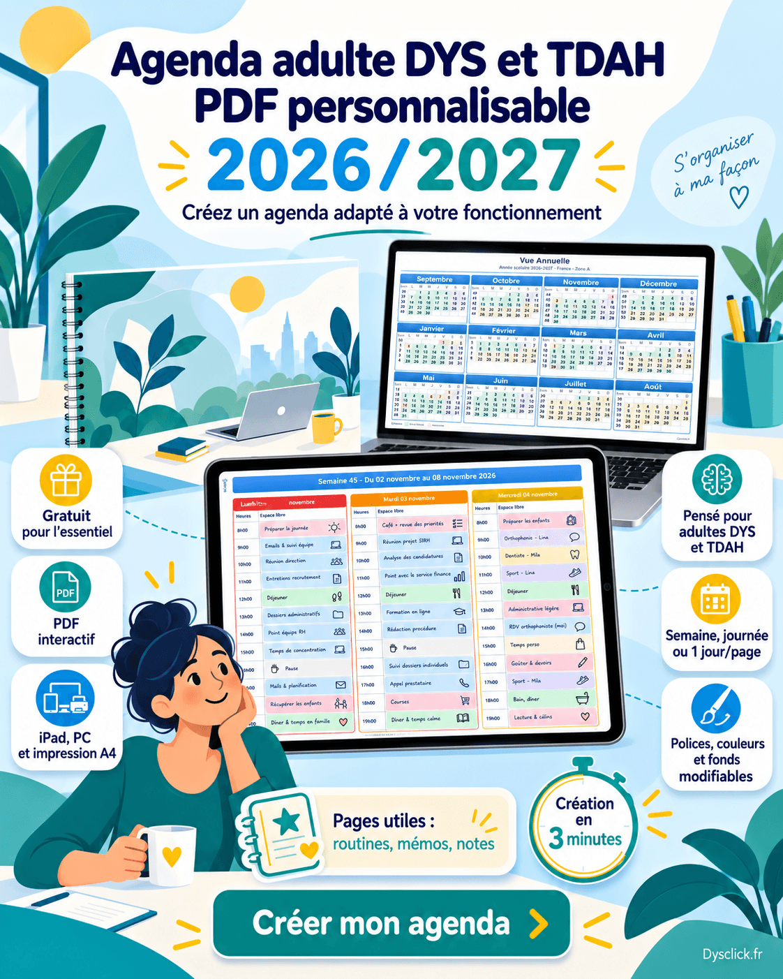 Agenda adulte DYS et TDAH PDF personnalisable