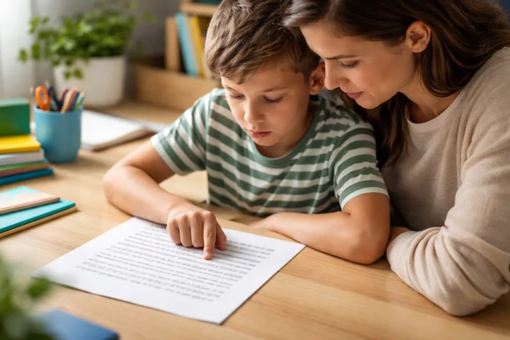 Parent et enfant lisant un texte, ambiance calme, lecture coûteuse et fatigue visuelle suggérée sans caricature