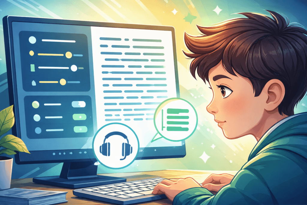 Illustration d’un simulateur de lecture et d’outils de compensation, pour comprendre l’effort de lecture en dyslexie.