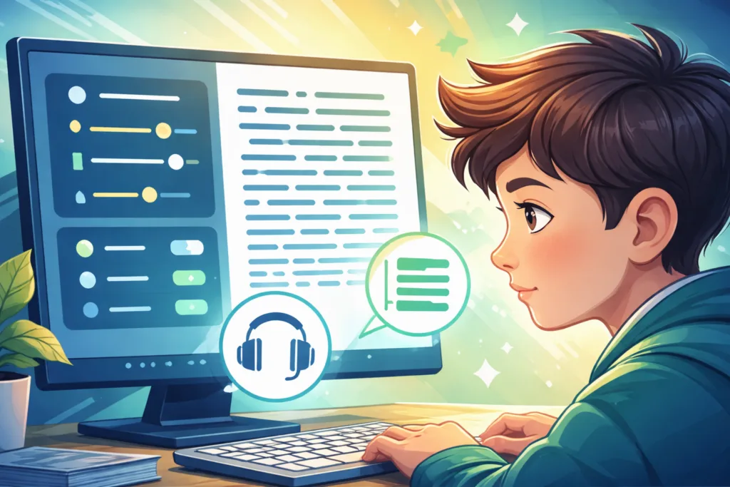 Illustration d’un simulateur de lecture et d’outils de compensation pour comprendre l’effort de lecture en dyslexie