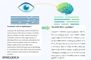Illustration vectorielle moderne, scène en deux zones “avant/après” sans mots, à gauche un bloc de lignes très serrées et compactes, à droite le même bloc plus aéré avec interligne plus grand et alignement à gauche, un œil stylisé et un cerveau stylisé reliés par un chemin en pointillés pour symboliser le traitement, style clean, couleurs dominantes bleu et vert avec accents jaune, fond clair, aucun texte, aucun chiffre, pas de watermark, lisible en miniature.
