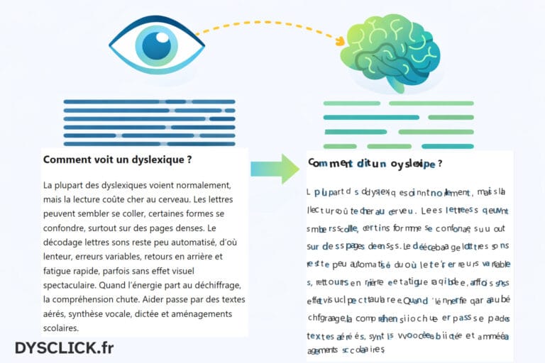 Illustration vectorielle moderne, scène en deux zones “avant/après” sans mots, à gauche un bloc de lignes très serrées et compactes, à droite le même bloc plus aéré avec interligne plus grand et alignement à gauche, un œil stylisé et un cerveau stylisé reliés par un chemin en pointillés pour symboliser le traitement, style clean, couleurs dominantes bleu et vert avec accents jaune, fond clair, aucun texte, aucun chiffre, pas de watermark, lisible en miniature.