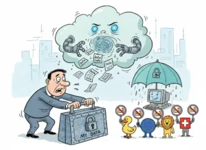 aricature montrant un chatbot qui fuit des papiers et un utilisateur qui met un cadenas sur ses donnees