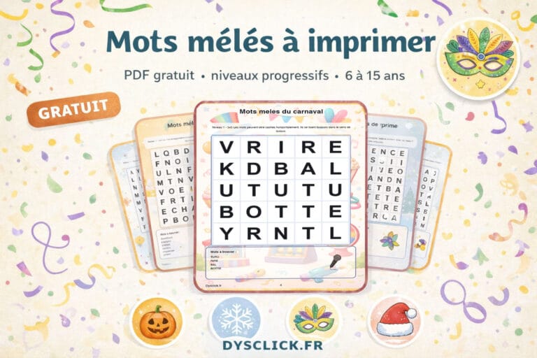 Visuel horizontal présentant des mots mêlés à imprimer en PDF avec trois grilles au centre et quatre icônes représentant les thèmes Noël, Halloween, hiver et carnaval. Mention PDF gratuit, niveaux progressifs et 6 à 15 ans, avec Dysclick.fr en bas.