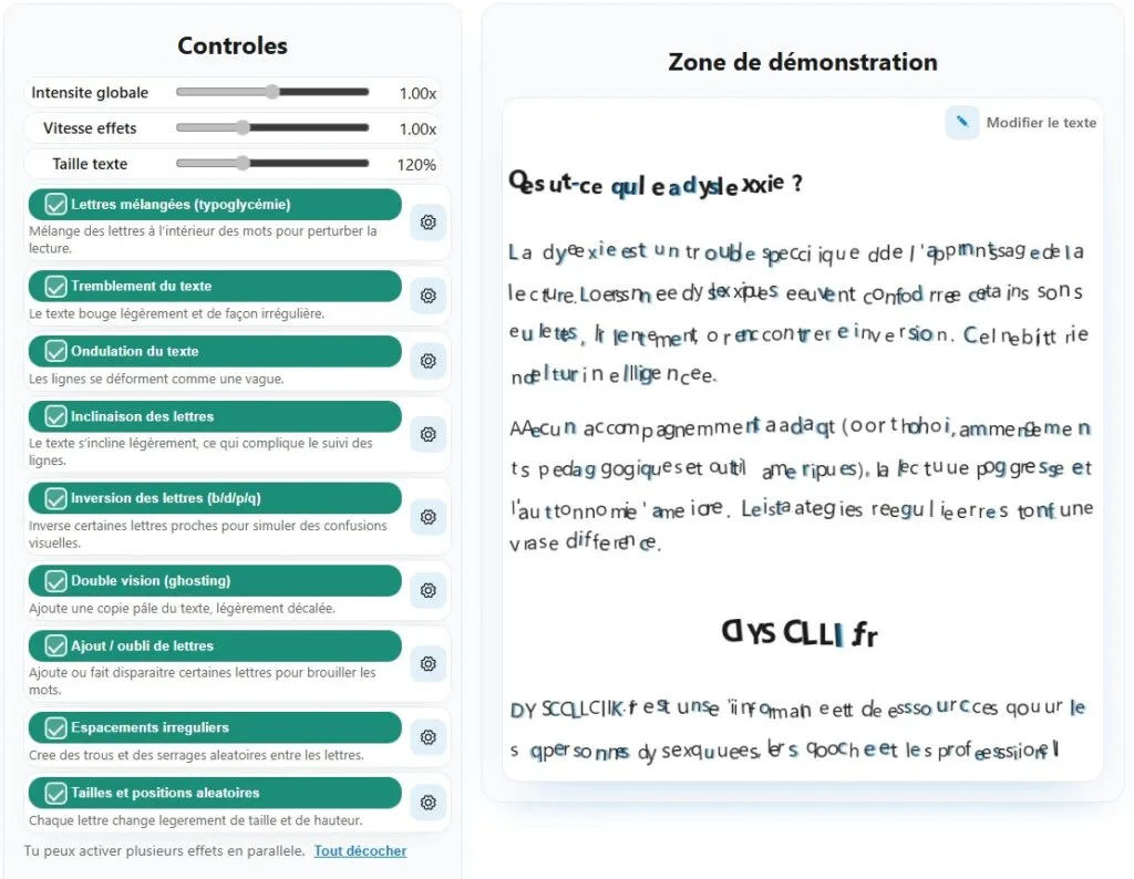 Capture du simulateur Dysclick avec plusieurs réglages de lecture