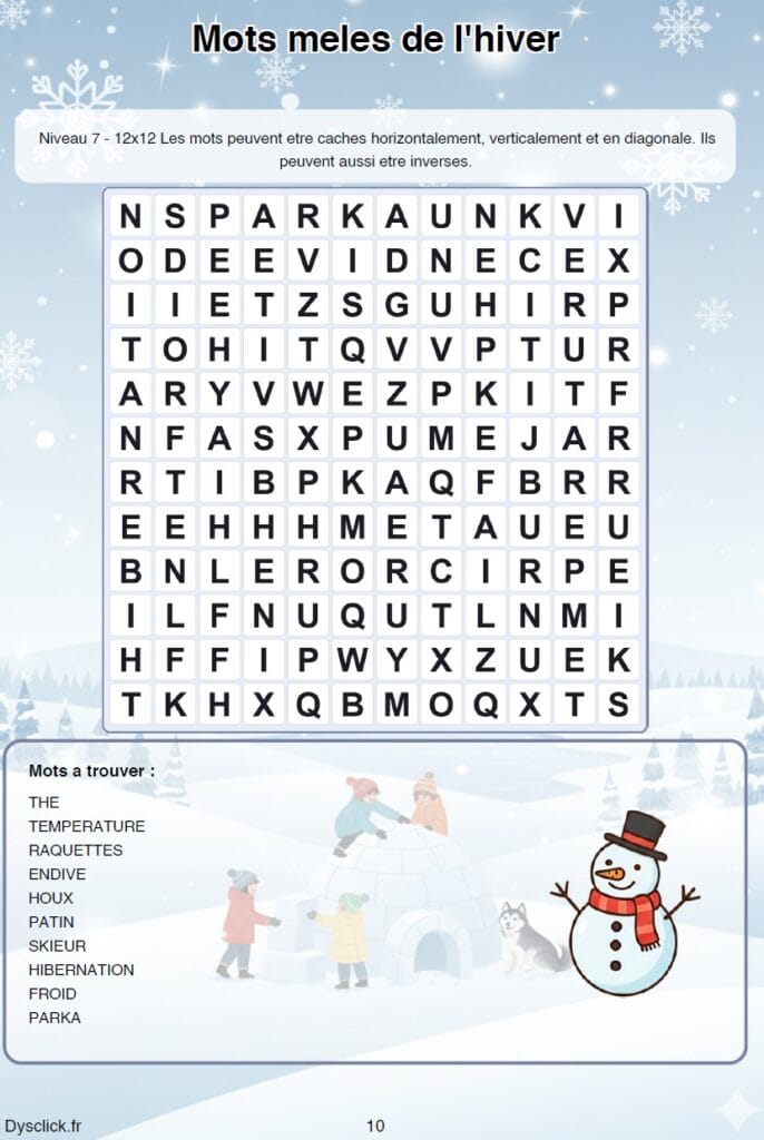 mots meles Hiver 10 ans