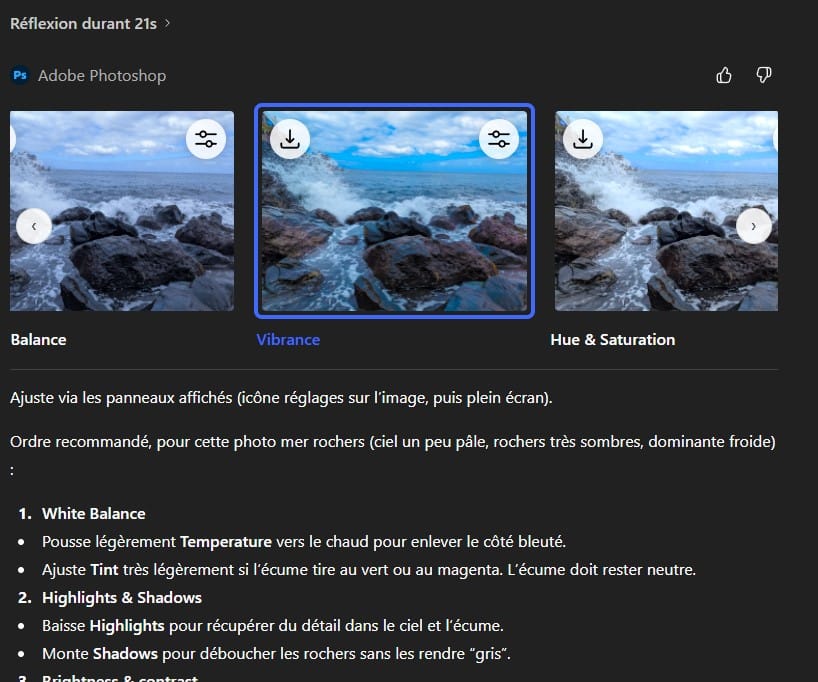 Photoshop dans chatgpt réglage de colorometrie 