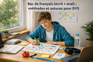 Adolescent DYS qui révise le bac de français à un bureau près d’une fenêtre, avec cartes mentales, fiches, minuteur pomodoro, ordinateur portable, casque audio et le livre Le Menteur de Pierre Corneille.