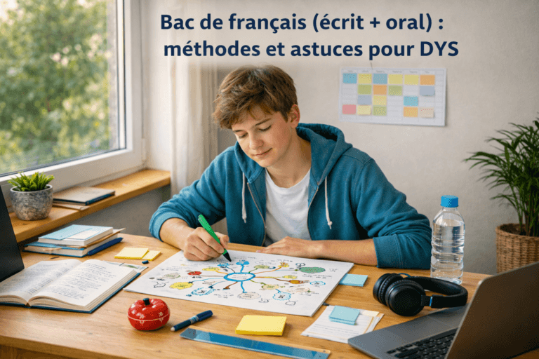 Adolescent DYS qui révise le bac de français à un bureau près d’une fenêtre, avec cartes mentales, fiches, minuteur pomodoro, ordinateur portable, casque audio et le livre Le Menteur de Pierre Corneille.