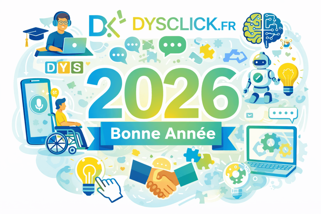 Carte de vœux Dysclick.fr 2026 en style vectoriel, avec le texte “Dysclick.fr”, “2026” et “Bonne Année”, et des icônes d’inclusion, handicap, outils numériques et IA.