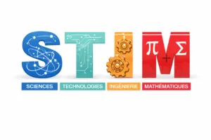 Logo STIM sur fond noir, lettres S T I M en couleurs avec pictogrammes, atomes pour sciences, circuit pour technologies, engrenages pour ingenierie, symboles pi et sigma pour mathematiques.
