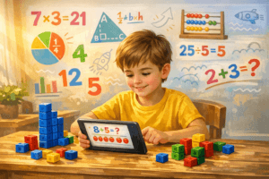 Bureau d enfant avec cahier de maths ouvert, crayons, règle et jetons, labyrinthe en arrière plan, titre Enfant dys en maths méthodes et outils qui aident