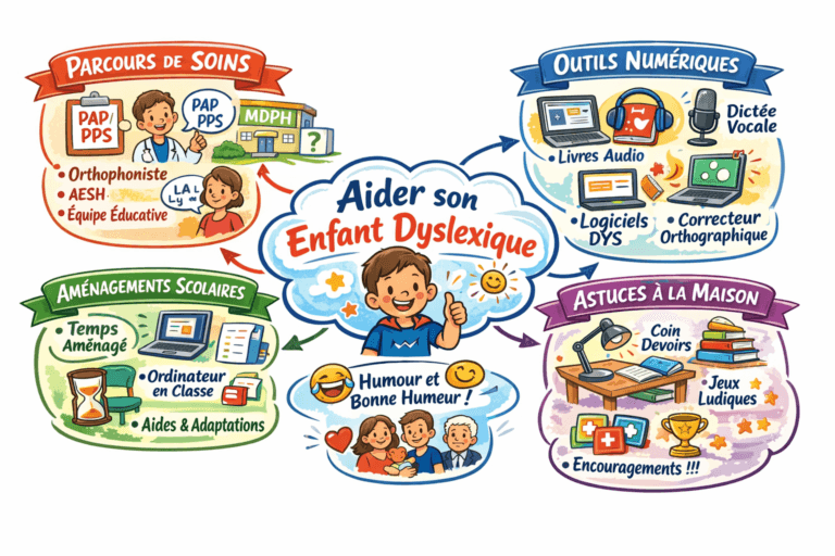 Carte mentale “Aider son enfant dyslexique” qui résume le parcours de soins, les démarches PAP PPS MDPH, les aménagements scolaires, les outils numériques (livres audio, synthèse vocale, dictée vocale, correcteur), et des astuces à la maison pour l’organisation et la confiance.