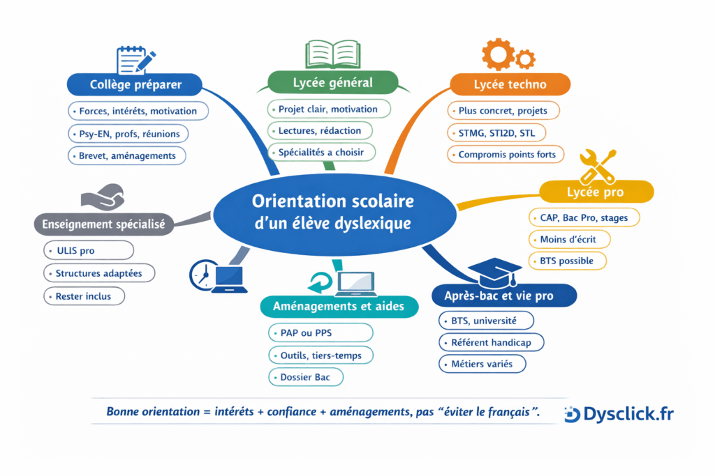 Infographie mind map sur l’orientation scolaire d’un élève dyslexique, présentant les voies générale, techno et pro, les aménagements PAP/PPS et les options après bac, avec la mention Dysclick.fr.