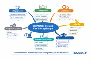 Infographie mind map sur l’orientation scolaire d’un élève dyslexique, présentant les voies générale, techno et pro, les aménagements PAP/PPS et les options après bac, avec la mention Dysclick.fr.