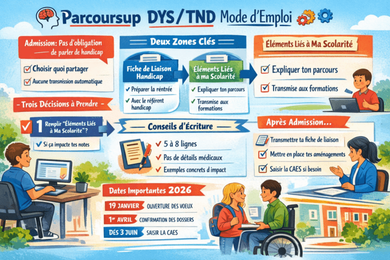 Infographie Parcoursup 2026 pour DYS/TND, fiche de liaison handicap vs éléments liés à la scolarité, dates clés, 3 décisions, quoi écrire, checklist.