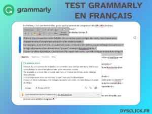 Capture d’écran de Grammarly en français dans Microsoft Word, avec suggestions de correction et reformulation, visuel “Test Grammarly en français” Dysclick.fr