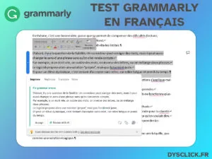 Capture d’écran de Grammarly en français dans Microsoft Word, avec suggestions de correction et reformulation, visuel “Test Grammarly en français” Dysclick.fr
