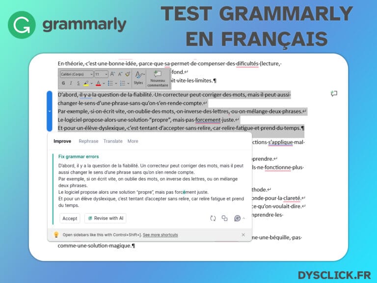 Capture d’écran de Grammarly en français dans Microsoft Word, avec suggestions de correction et reformulation, visuel “Test Grammarly en français” Dysclick.fr