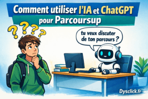 Élève de 18 ans perdu avec des points d’interrogation, face à un robot au bureau qui propose de discuter du parcours, titre Comment utiliser l’IA et ChatGPT pour Parcoursup.