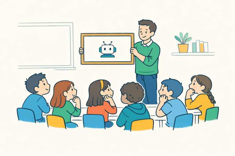 Salle de classe simple, un tableau sans texte, un enseignant montre un cadre rectangulaire vide autour d’un pictogramme robot, des élèves regardent avec des expressions variées, curieux puis réfléchis.