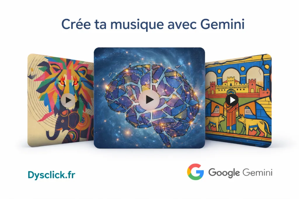 Visuel 4:3 sur fond blanc avec trois pochettes de musique en carrousel, une pochette centrale avec un cerveau mosaïque sur fond spatial, deux pochettes inclinées de part et d’autre, chacune avec un bouton lecture. En haut, le titre Crée ta musique avec Gemini. En bas à gauche, Dysclick.fr. En bas à droite, le logo Google Gemini.