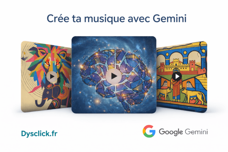 Visuel 4:3 sur fond blanc avec trois pochettes de musique en carrousel, une pochette centrale avec un cerveau mosaïque sur fond spatial, deux pochettes inclinées de part et d’autre, chacune avec un bouton lecture. En haut, le titre Crée ta musique avec Gemini. En bas à gauche, Dysclick.fr. En bas à droite, le logo Google Gemini.