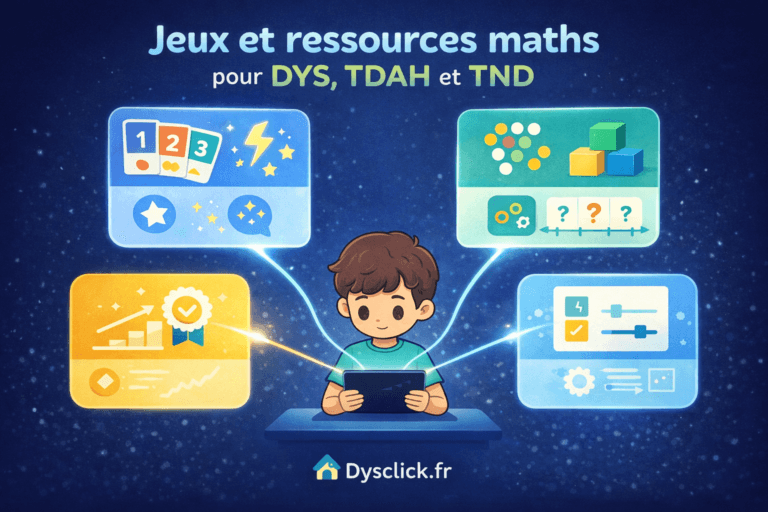 Un élève assis à un bureau au centre de l’image, entouré de quatre grands panneaux représentant différentes familles d’outils mathématiques numériques. Chaque panneau contient des pictogrammes simples évoquant calcul mental, supports visuels, plateforme complète et générateur d’exercices. L’ensemble est organisé comme un tableau de bord clair et structuré.